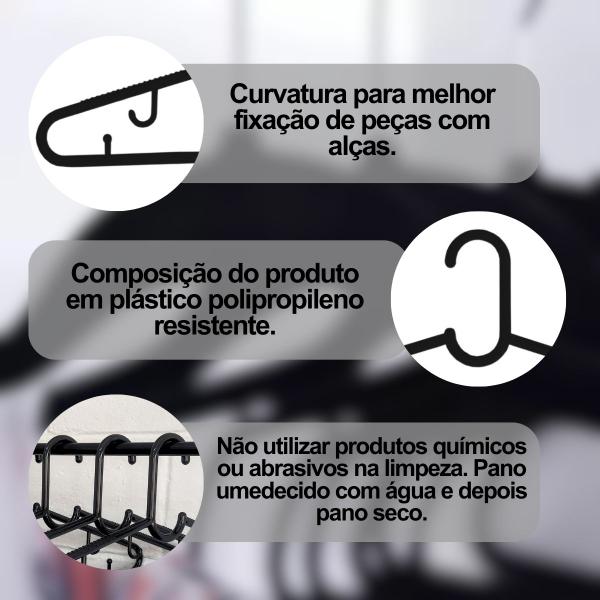 Imagem de Kit 30 Cabides Resistentes Plus 46 Cm Plástico Multiuso Adulto Branco/Preto