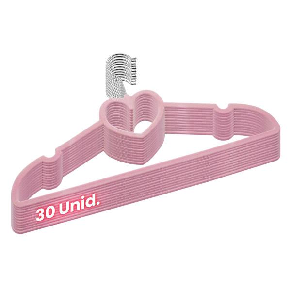 Imagem de Kit 30 Cabides Veludo Rosa Antideslizantes Formato Coração