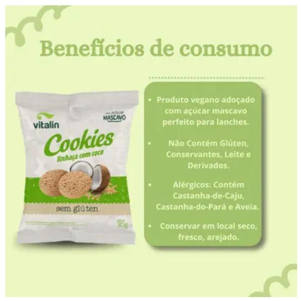 Kit 30 Cookies Linhaça Dourada com Coco Vitalin 30g Imagem de Kit 30 Cookies Linhaça Dourada com Coco Vitalin 30g