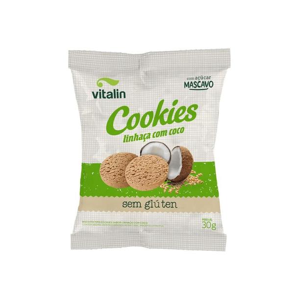 Kit 30 Cookies Linhaça Dourada com Coco Vitalin 30g Imagem de Kit 30 Cookies Linhaça Dourada com Coco Vitalin 30g