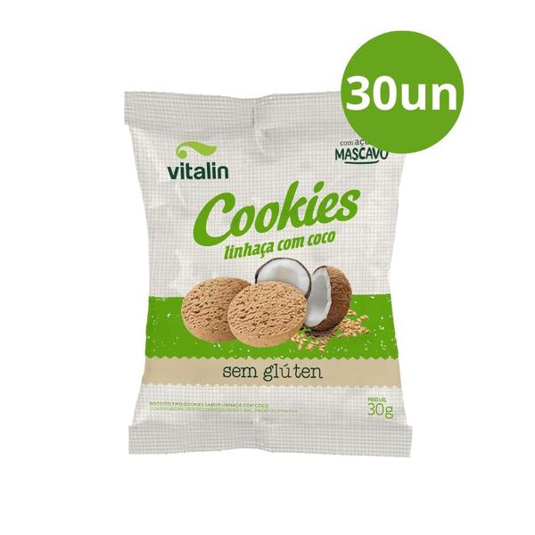 Kit 30 Cookies Linhaça Dourada com Coco Vitalin 30g Imagem de Kit 30 Cookies Linhaça Dourada com Coco Vitalin 30g