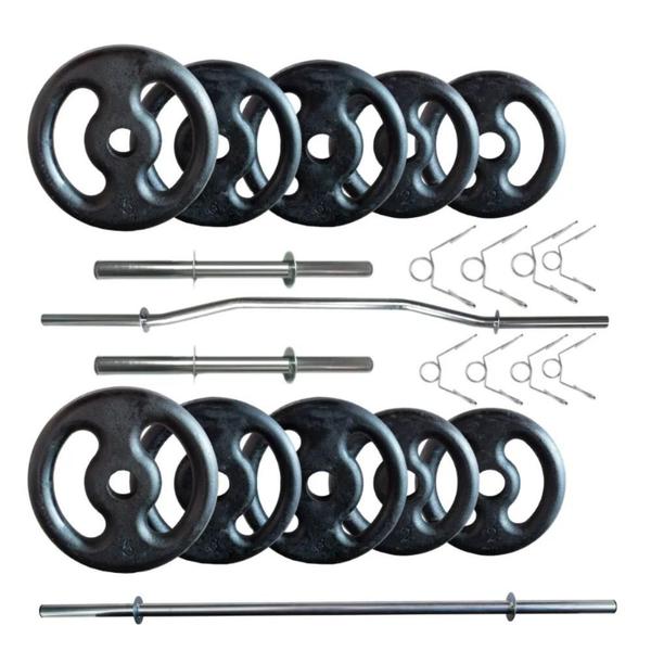 Imagem de Kit 30 Kg de Anilhas Ferro + 02 Barras de 40cm + Barra W + Barra 120cm