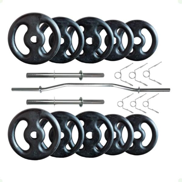 Imagem de Kit 30 Kg de Anilhas Ferro Fundido + 02 Barras de 40cm + Barra W