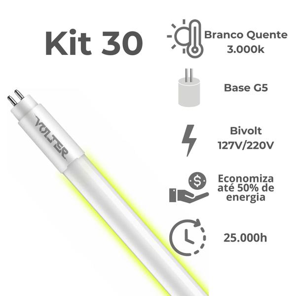 Imagem de Kit 30 Lâmpada Led Tubular Volter 9w T5 55cm G5 bivolt branco quente 3000k 950lm