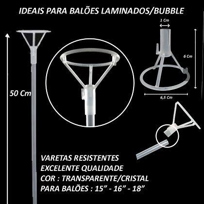 Imagem de Kit 30 Pega Balão Vareta Suporte Grande Grosso Bubble Metalizado Led Transparente 50 Cm + 30 Bases De Mesa C/Adesivo