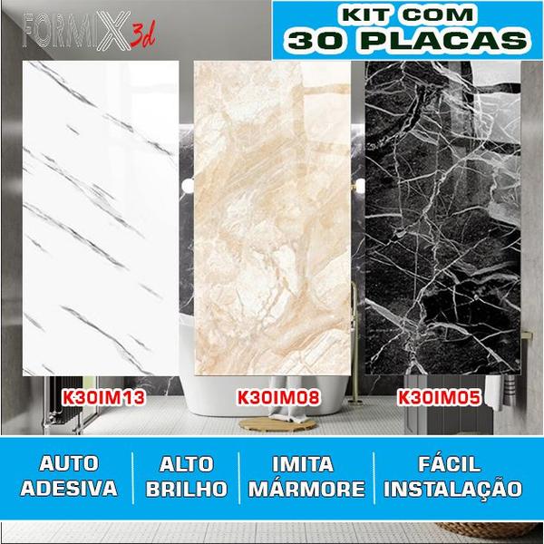 Imagem de Kit 30 Placas Revestimento Parede Auto-Adesiva Imitação Mármore 30 x 60cm