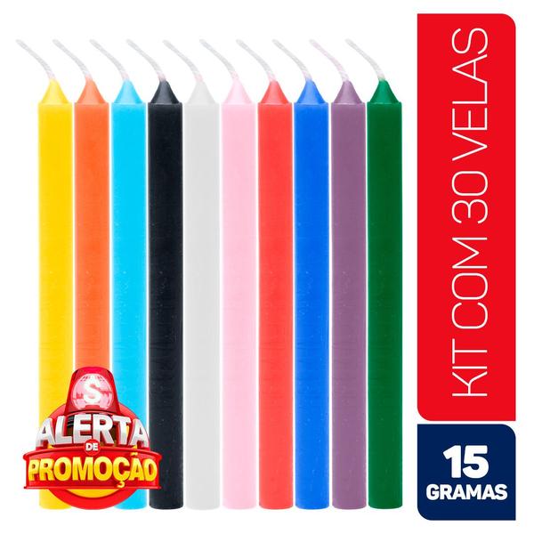 Kit 30 Velas Palito Coloridas 16cm 15g 100% Parafina - Envio Rápido - Chama de Ouro Imagem de Kit 30 Velas Palito Coloridas 16cm 15g 100% Parafina - Envio Rápido