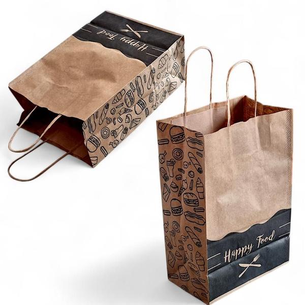 Imagem de Kit 300 Sacolas Kraft 18x28x11 com Alça Torcida 'Happy Food' - Perfeitas para Delivery de Lanches e Refeições"