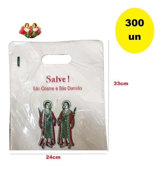 Imagem de Kit 300 Sacolas Plástica Branca 33X24 São Cosme E Damião