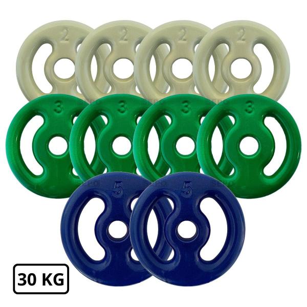 Imagem de Kit 30Kg Anilhas Emborrachadas com Barras de 40cm e 1,20m