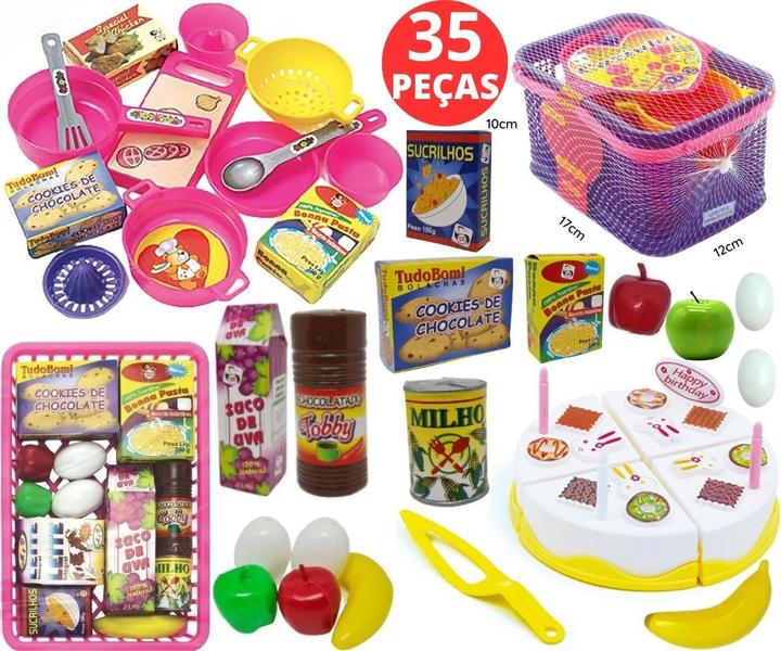 Imagem de Kit 35 Peças Infantil Comida De Brinquedo Cesta Cozinha Bolo De Aniversário E Mercadinho