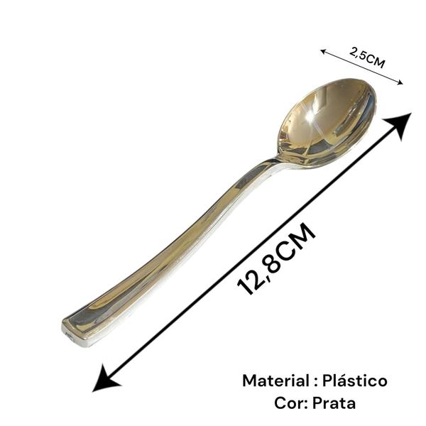 Imagem de Kit 36 Colheres sobremesa Luxo Plástico 12.8cm Prata Festa