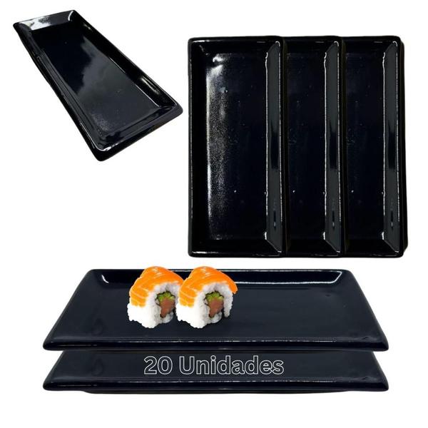 Imagem de Kit 36 Pratos Sushi Kakusara Retangular Porcelana Preto