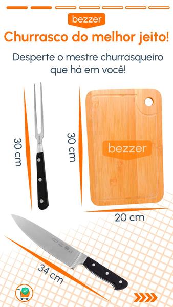 Kit 3Pçs Churrasco Faca 8Pol Corneta + Tábua 100% Bambu + Garfo Gourmet Mundial Profissional - Bezzer Imagem de Kit 3Pçs Churrasco Faca 8Pol Corneta + Tábua 100% Bambu + Garfo Gourmet Mundial Profissional
