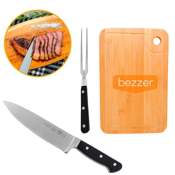 Kit 3Pçs Churrasco Faca 8Pol Corneta + Tábua 100% Bambu + Garfo Gourmet Mundial Profissional - Bezzer Imagem de Kit 3Pçs Churrasco Faca 8Pol Corneta + Tábua 100% Bambu + Garfo Gourmet Mundial Profissional