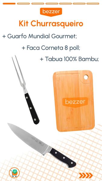 Kit 3Pçs Churrasco Faca 8Pol Corneta + Tábua 100% Bambu + Garfo Gourmet Mundial Profissional - Bezzer Imagem de Kit 3Pçs Churrasco Faca 8Pol Corneta + Tábua 100% Bambu + Garfo Gourmet Mundial Profissional