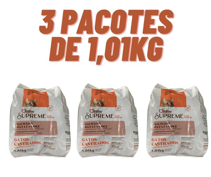 Imagem de Kit 3pct Ração 1kg Quatree Supreme Gatos Adultos Castrados Salmão