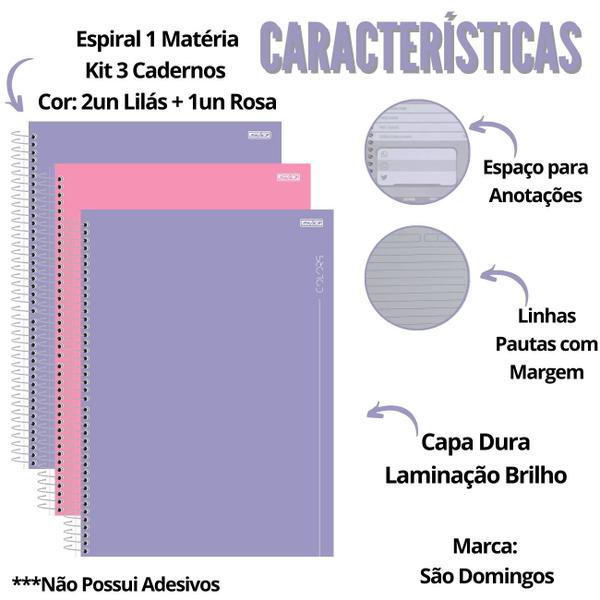 Imagem de Kit 3un Caderno Universitário Espiral 1 Matéria 80 Folhas Capa Dura Tons Pastéis Rosa ou Lilás Escolar São Domingos