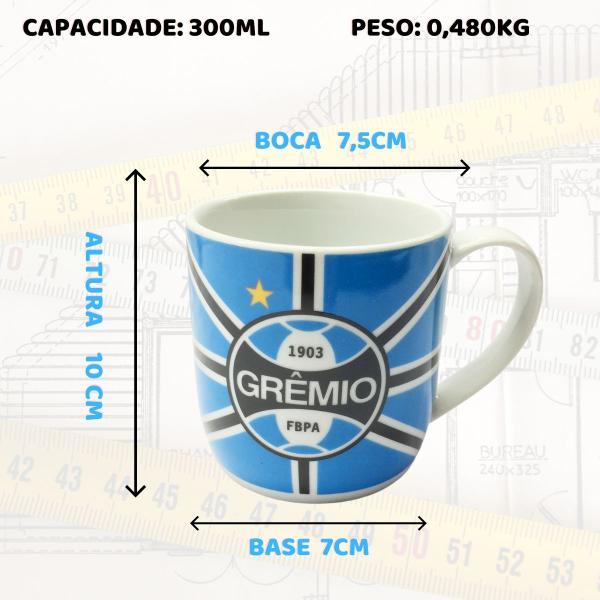 Imagem de Kit 3Un Caneca Porcelana 300ml Azul Preto Listras Café Clube Time Emblema Escudo Grêmio Imortal