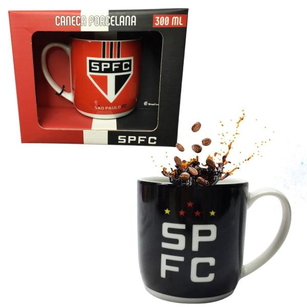 Imagem de Kit 3Un Caneca Preto Branca Porcelana Premium 300ml São Paulo Sigla SPFC Série Ouro Dourado