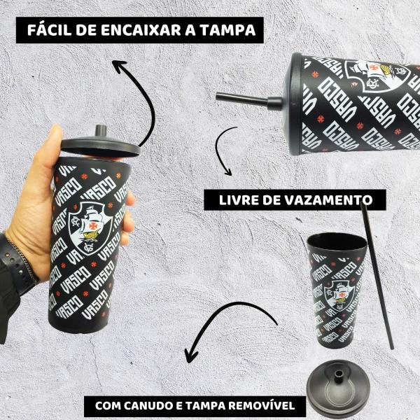 Imagem de Kit 3Un Copo Plástico Preto C/ Tampa + Canudo 500ml Infantil Criança Time Vasco Oficial