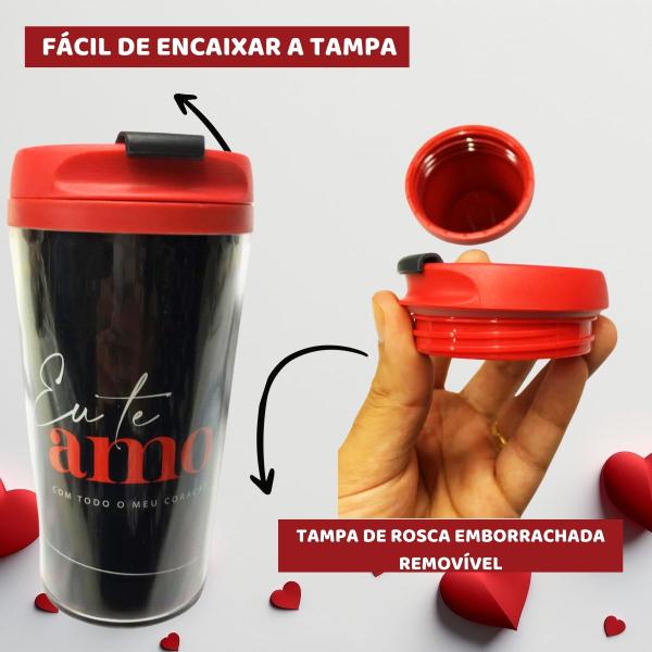 Imagem de Kit 3Un Copo Viagem Térmico Plástico Preto Smart 200ml Café Eu Te Amo Presente Dia Namorados