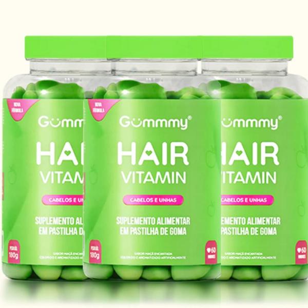 Imagem de Kit 3Uni Vitamina Hair cabelos e unhas Gummmy 120 Gomas 540g sabor Maçã Verde