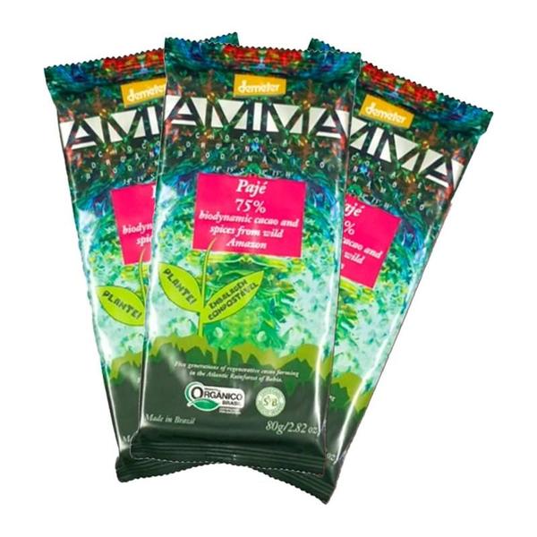 Kit 3X: Chocolate Pajé 75% Cacau com Especiarias Biodinâmico Demeter Amma Chocolate 80g Imagem de Kit 3X: Chocolate Pajé 75% Cacau com Especiarias Biodinâmico Demeter Amma Chocolate 80g