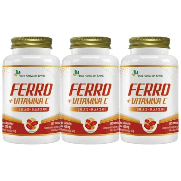 Imagem de Kit 3x Ferro Quelato + Vitamina C 60 Capsulas 500mg Flora Nativa