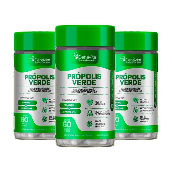 Imagem de Kit 3x Frascos de Extrato De Própolis Verde + Vitaminas C- D- E - Vegano - Denavita