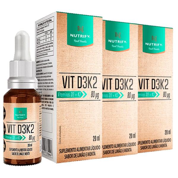 Imagem de Kit 3x Frascos Vitamina D3+K2 Gotas Suplemento Alimentar Liquido 80pg - Sabor Natural Limão e Menta Nutrify