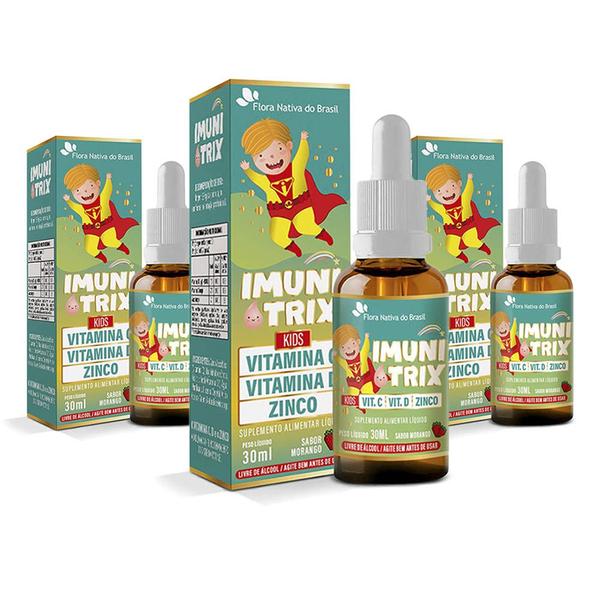 Imagem de Kit 3x Imunitrix Kids - Vitamina C + Vitamina D + Zinco 30ml Sabor Morango - Flora Nativa