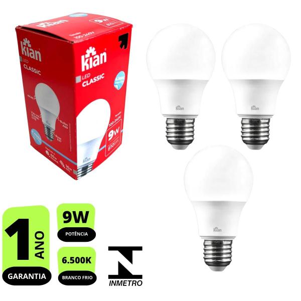 Imagem de Kit 3X Lâmpadas Led Bulbo 9w Econômica Branca Fria E27