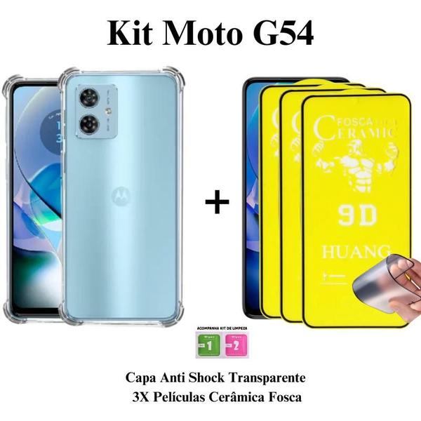 Imagem de Kit 3x Películas de Cerâmica Fosca + Capa Capinha Transparente para Moto G54 5g