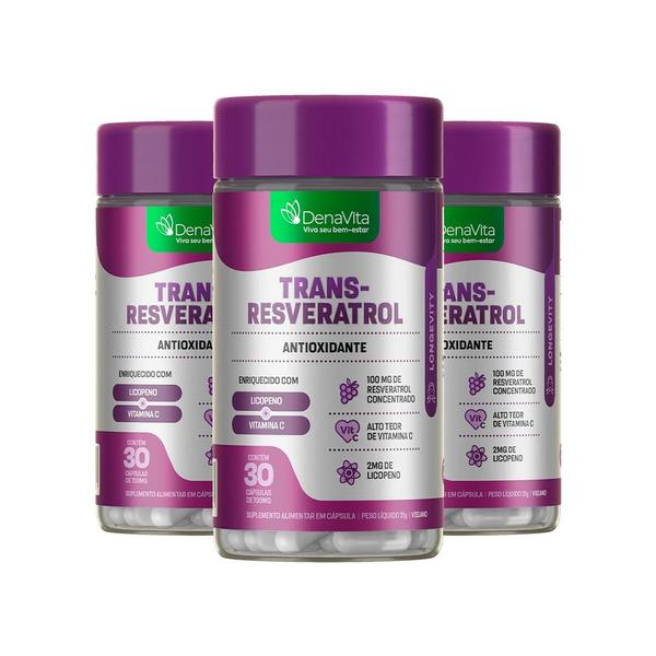 Imagem de Kit 3x Pote Trans Resveratrol + Vitamina C + Licopeno, 3 em 1 - Antioxidante - Vegano - Denavita