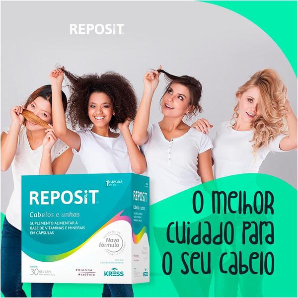 Imagem de Kit 3x Reposit suplemento vitamínico e mineral para cabelos unhas e pele 30 gel caps kress