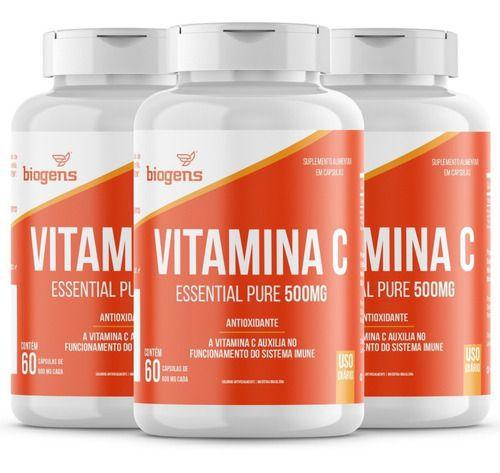 Kit 3x Vitamina C Essential Pure 500mg, 60cáps Biogens Imagem de Kit 3x Vitamina C Essential Pure 500mg, 60cáps Biogens