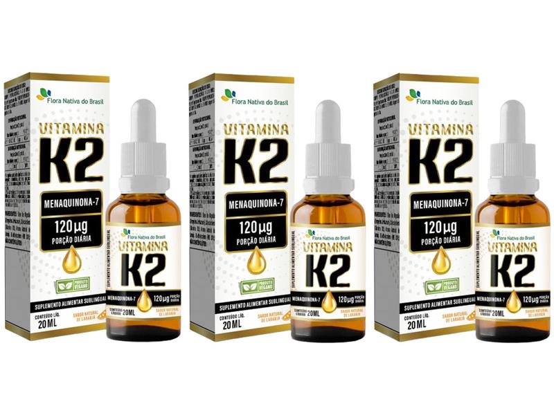 Kit 3x Vitamina K2 Menaquinona 120ug 20ml Flora Nativa Imagem de Kit 3x Vitamina K2 Menaquinona 120ug 20ml Flora Nativa