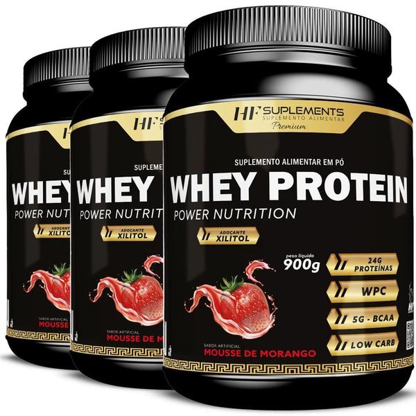 Imagem de Kit 3X Whey Protein Power Nutrition Mousse De Morango 900G