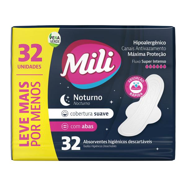 Imagem de Kit 4 Absorvente Pacote 32 Unidades Noturno Mili Suave Com Abas / Extrato de Algodão - 128 Unidades Total