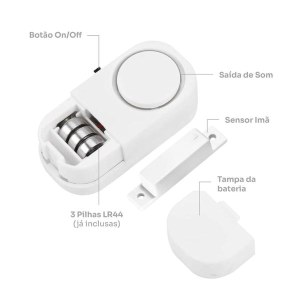 Imagem de Kit 4 Alarme Sonoro com Sensor de Presença p/ Portas e Janelas Sem Fio com Bateria