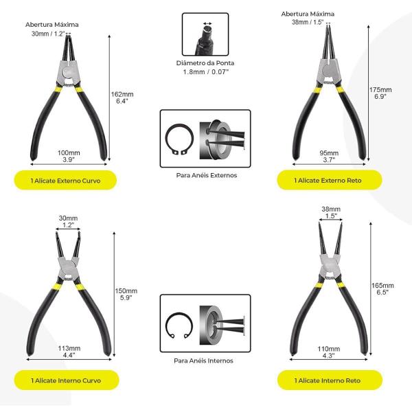 Imagem de Kit 4 Alicates Para Anéis 7 Pol. Interno Externo Reto Curvo