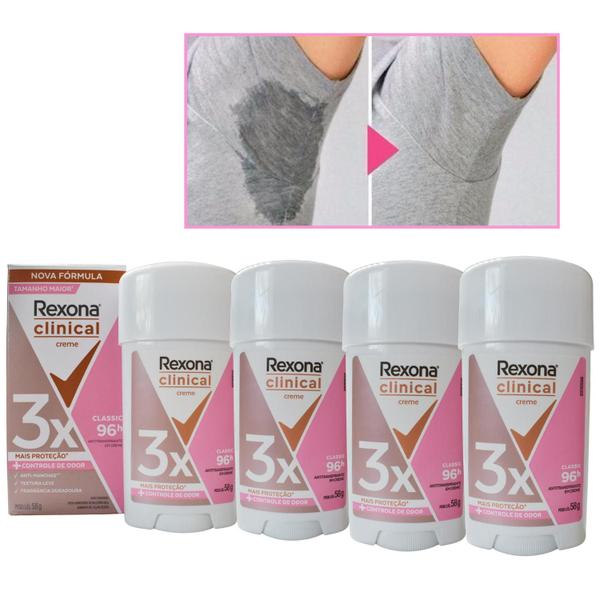 Kit 4 Antitranspirante Rexona Clinical Classic Creme 58 G Anti Manchas Imagem de Kit 4 Antitranspirante Rexona Clinical Classic Creme 58 G Anti Manchas