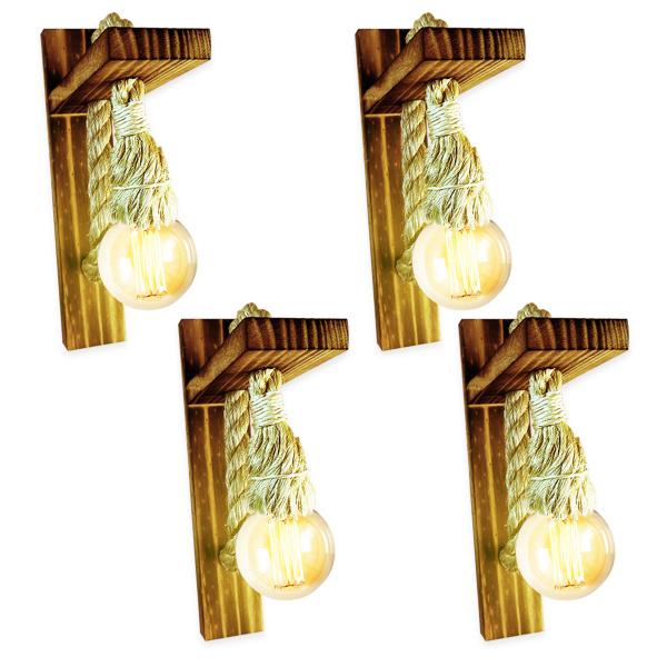 Kit 4 Arandela Luminária Parede Madeira Retrô Rústica Sisal - JKVERAS Imagem de Kit 4 Arandela Luminária Parede Madeira Retrô Rústica Sisal