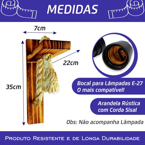 Kit 4 Arandela Luminária Parede Madeira Retrô Rústica Sisal - JKVERAS Imagem de Kit 4 Arandela Luminária Parede Madeira Retrô Rústica Sisal
