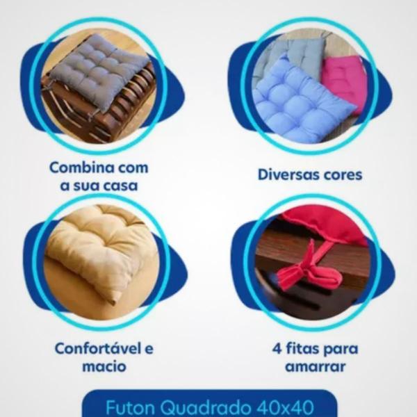 Imagem de Kit 4 Assentos Futton 40x40cm C/Fitas Para Amarrar Diversar Cores Futon Para Cadeiras Banquetas Almofadas 