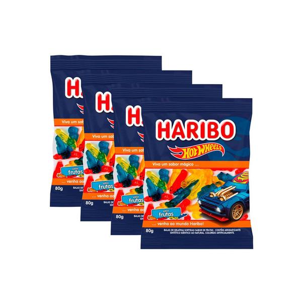Kit 4 Balas de Gelatina Haribo Hot Wheels Frutas 80g Imagem de Kit 4 Balas de Gelatina Haribo Hot Wheels Frutas 80g