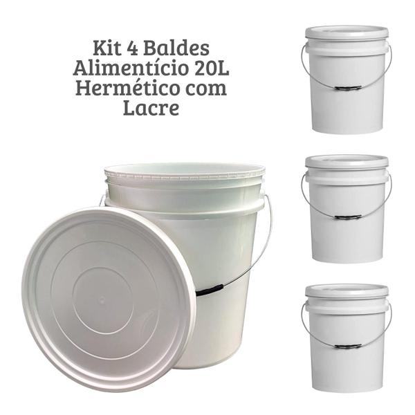 Imagem de Kit 4 Balde Alimentício 20 Litros Tampa Fechamento Hermética com Lacre Alça Metálica Balde Industrial Atóxico