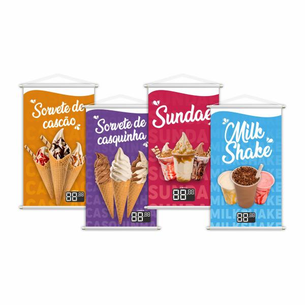 Imagem de Kit 4 Banners Sorvete Casquinha Sundae Milk Shake 80x50cm