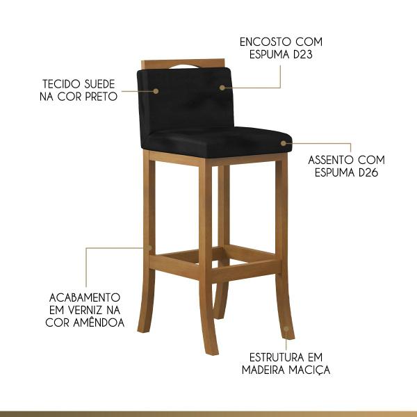 Imagem de Kit 4 Banquetas Alta Encosto Estofado 38x102 Cm Turim Madeira Maciça Amêndoa Suede Preto CCS